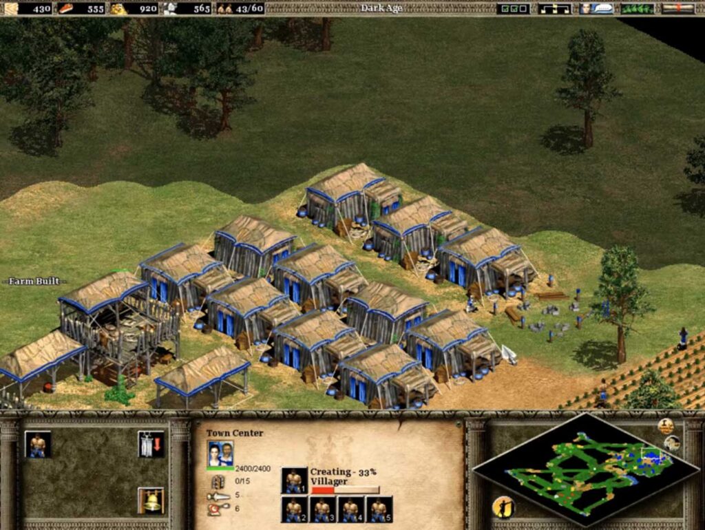 Screenshot of the strategy video game, Age of Empires II,  depicting a town center surrounded by multiple thatched-roof buildings and small figures. The interface displays resources and a map in the bottom corners. Players manage villagers and construction activities.