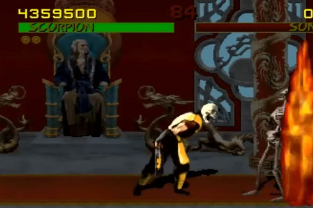 Scorpion doing a finishing move in Mortal Kombat II