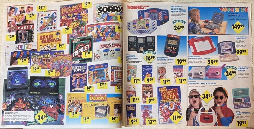 Toys R Us mailer pages that show board games and word processors