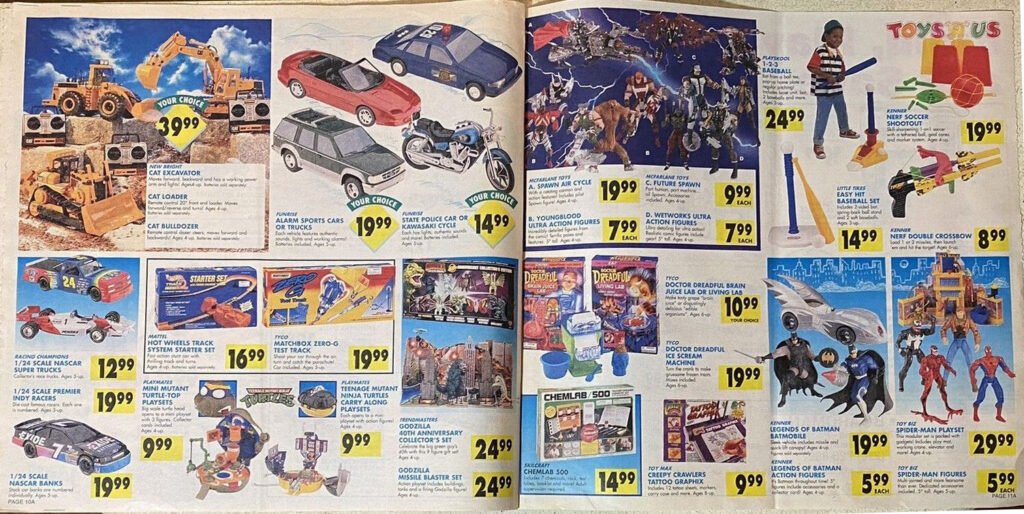 Toys R Us insert pages that show RC contruction equipment and so carious cars and action figures