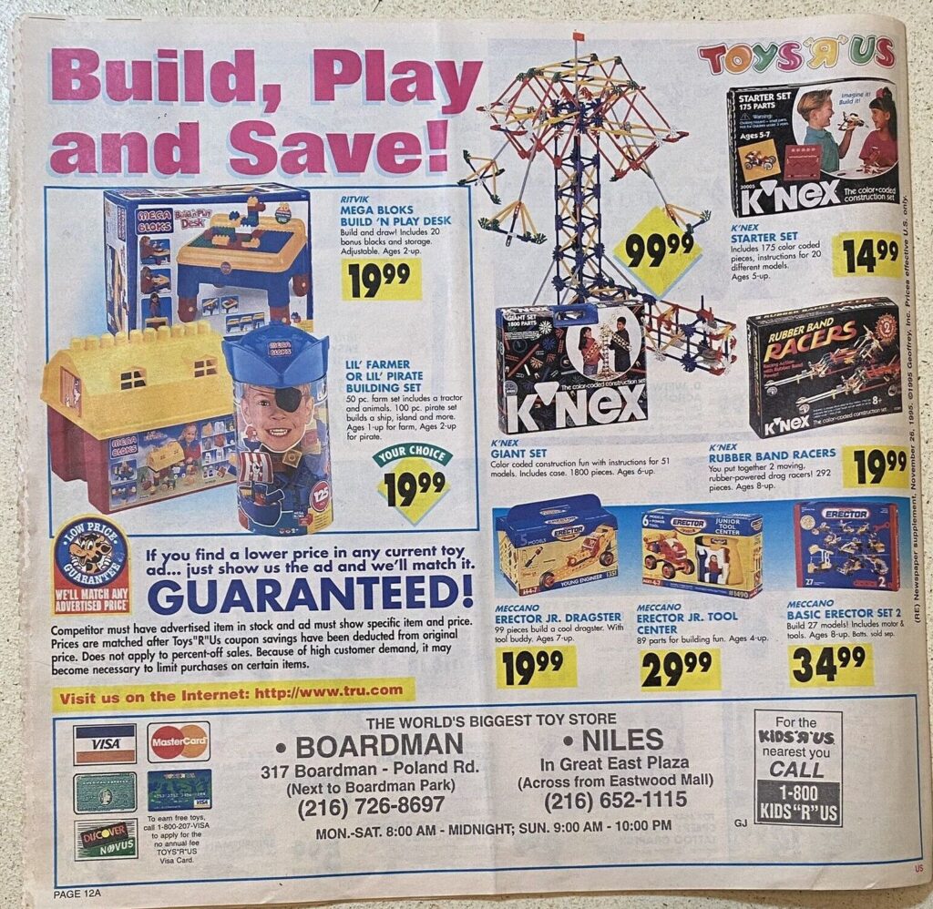 Back page of a Toys R Us insert that's all K'Nex and Erector sections