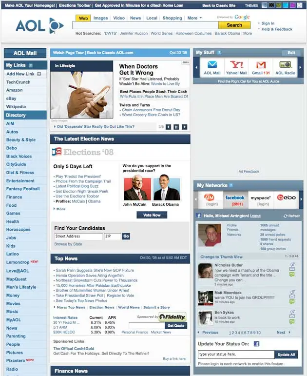 2008 screenshot of the AOL homepage