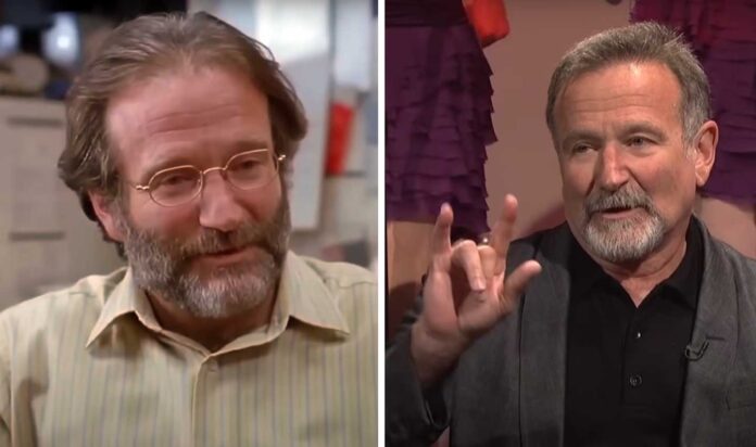 A split image of Robin Williams with short gray hair and beards. The man on the left wears glasses and a striped shirt, while the man on the right, reminiscent of a figure from Robin Williams quotes, wears a dark shirt and gray jacket, gesturing animatedly with his hand.