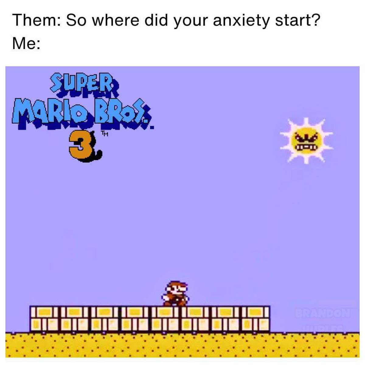 Meme about the sun in Mario Bros. 3 causing anxiety