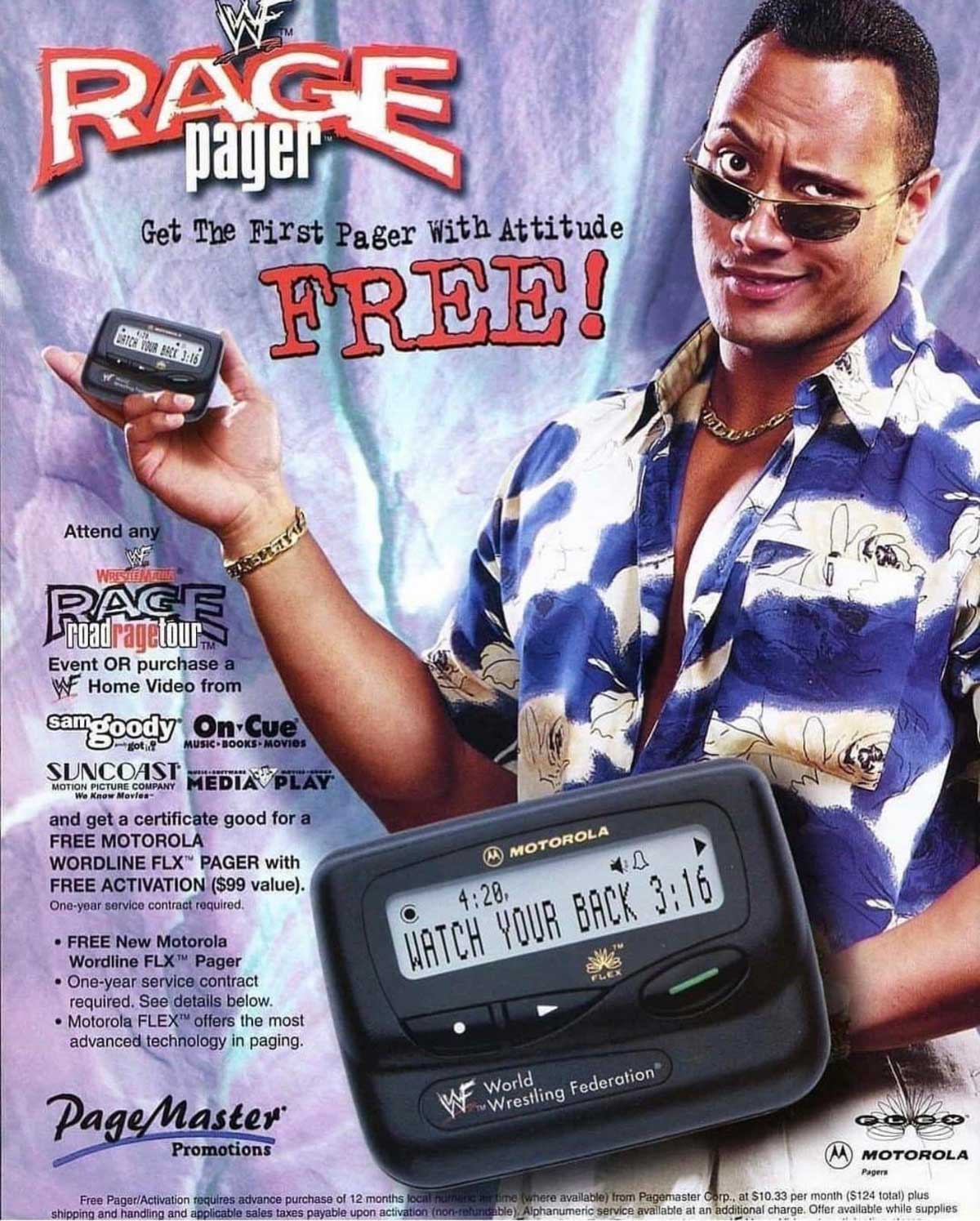 Wrestlemania advertisement with The Rock for a free Motorola Pager