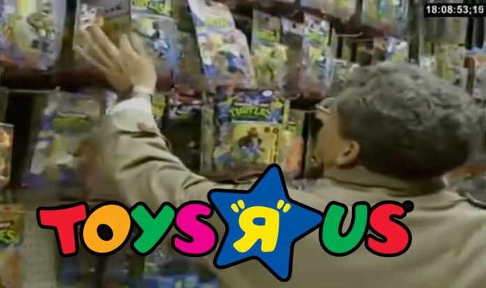 Still from a video of a Toys-R-Us in 1991 with the Toys-R-Us logo over it