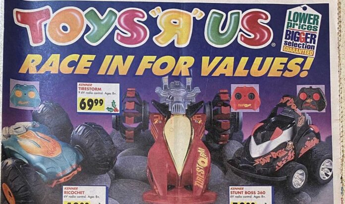 A vintage Toys R Us advertisement featuring remote-controlled cars, including models named Triestorm, Ricochet, and Stunt Boss 360. The ad highlights lower prices and a larger selection, with colorful text and eye-catching designs.