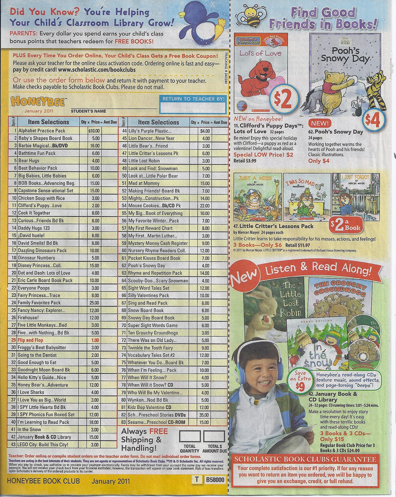 An advertisement from Scholastics Honeybee Book Club, January 2011 issue. It features a book list with titles, prices, and item numbers, alongside colorful images of childrens books, a boy reading, and cartoon characters like Clifford and Pooh.