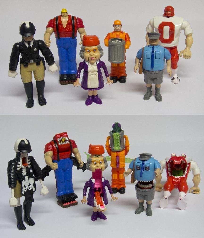 Two rows of colorful action figures with detachable parts. Among the characters, reminiscent of classic Ghostbusters collectibles, are a police officer, a construction worker, an elderly woman, a sanitation worker, a postal worker, and a sports player. Each hides a skeleton-like figure underneath.