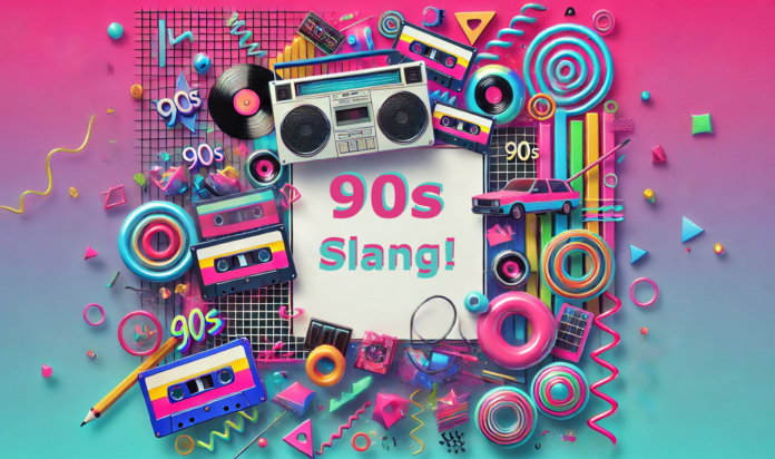 90s slang- nostalgic items from the 90s around a square frame