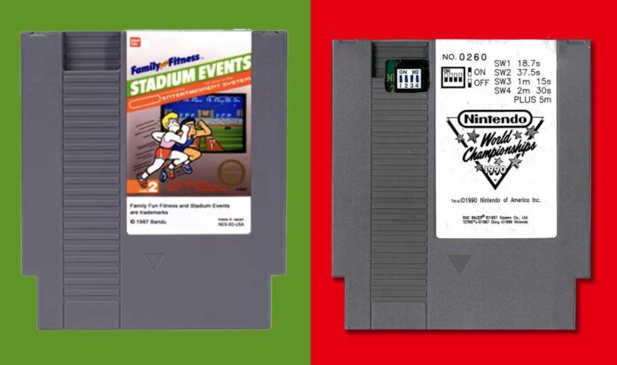 Two rare NES games side by side: Stadium Events and World Championships