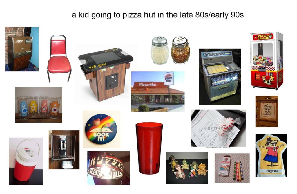 A nostalgic collage of Pizza Hut from the late 80s/early 90s, featuring iconic arcade games, signature red plastic cups, tempting pizza, a bustling salad bar, classic promotional items, condiment shakers, and unforgettable signs.