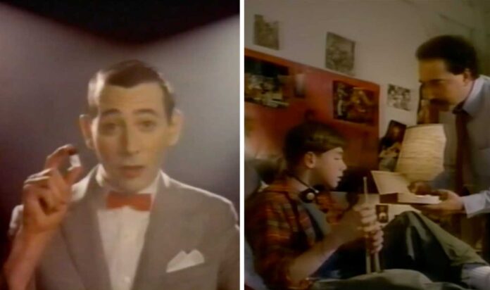 anti-drug psa stills including peewee herman holding a vial of crack and a dad confronting his son from the 'i learned it from watching you' psa