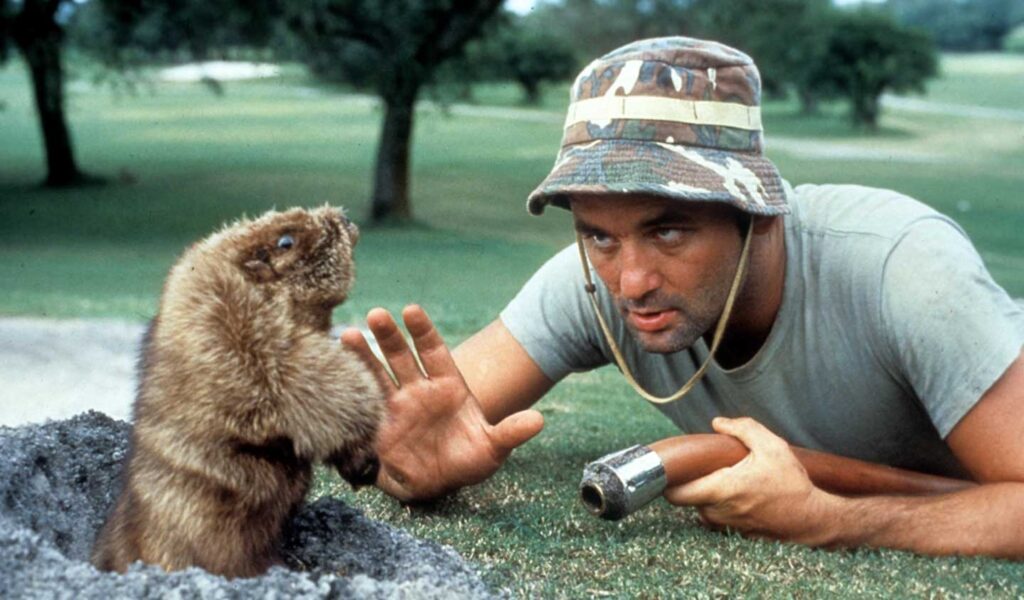 A man in a camo hat lies on the grass, holding a garden tool reminiscent of those iconic Caddyshack moments, as he interacts with a cheeky gopher peeking out of its hole. Trees stand tall in the background, adding to the scene's whimsical charm.