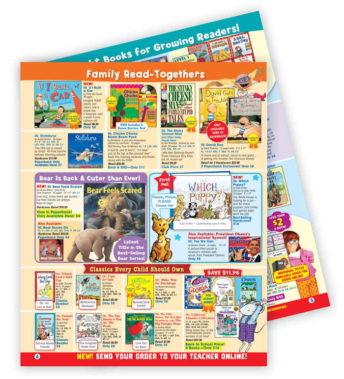 Two overlapping colorful children’s book flyers featuring a variety of titles, illustrations, and book prices. The prominent flyer is titled Family Read-Togethers with images and descriptions for each book, decorated with bright graphics.