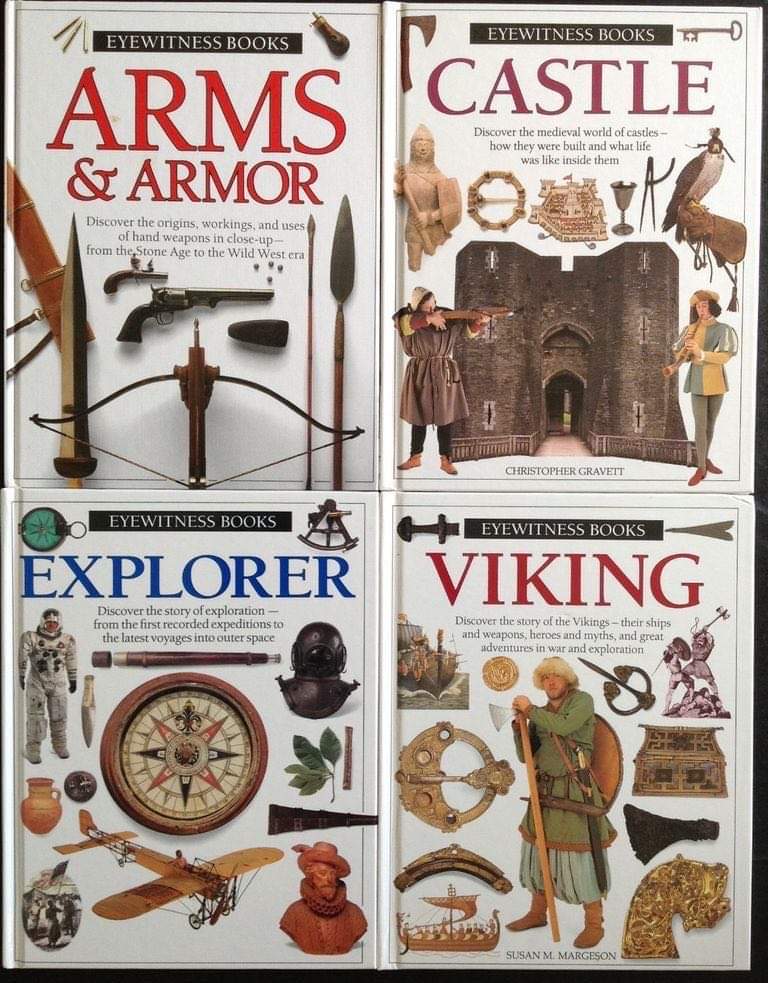 Four book covers from the Eyewitness Books series: Arms & Armor, Castle, Explorer, and Viking. Each cover features related artifacts and images, such as weapons, knights, explorers, and Viking ships, emphasizing historical themes.