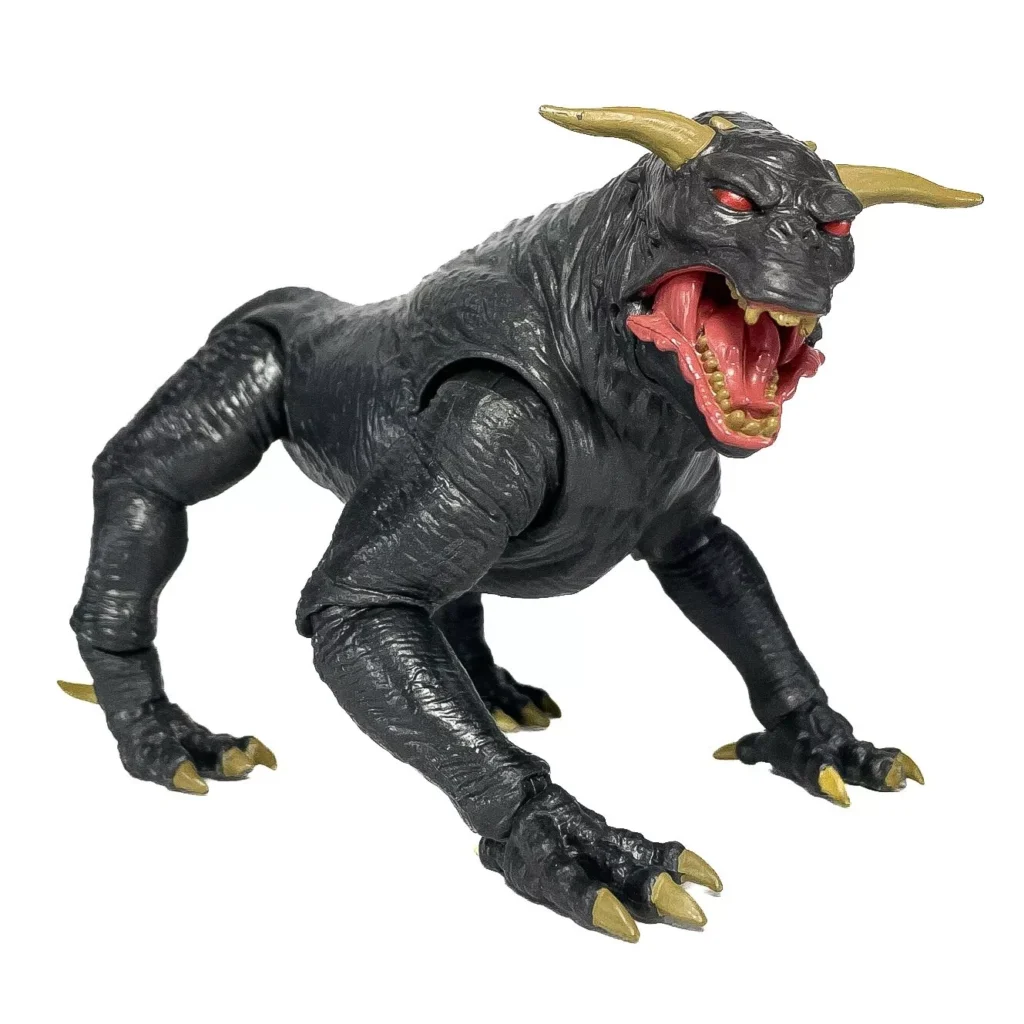 A fierce, four-legged monster figure with black, textured skin and sharp, gold claws. Boasting menacing red eyes and an open mouth with white sharp teeth, this piece is perfect for any Ghostbusters Collectibles enthusiast. Two gleaming gold horns adorn its head.
