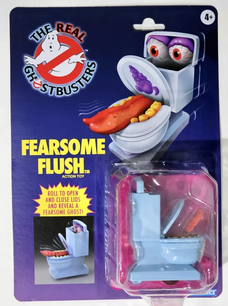 The Real Ghostbusters action toy, Fearsome Flush, is a quirky addition to any Ghostbusters collectibles. This unique toy resembles a toilet with eyes and a tongue that spring from the lid, captured perfectly on the packaging as it shows how the lid opens and closes.