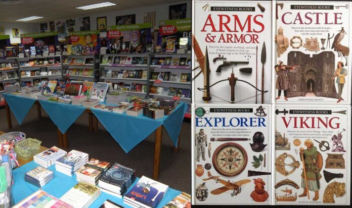 Two panel image, left is a nostalgic photo of a scholastic book fair and the right is 4 different books that we all read as kids