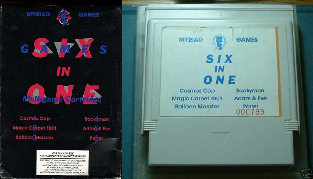 Cover and cartridge for the rare NES game, Six in One