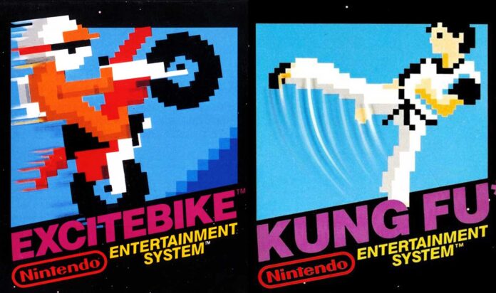 Split image featuring two classic Nintendo Entertainment System game covers: Excitebike, a best-selling NES game showing a pixelated motorcyclist airborne, and Kung Fu, depicting a pixelated martial artist delivering a high kick. Both boast colorful retro designs.