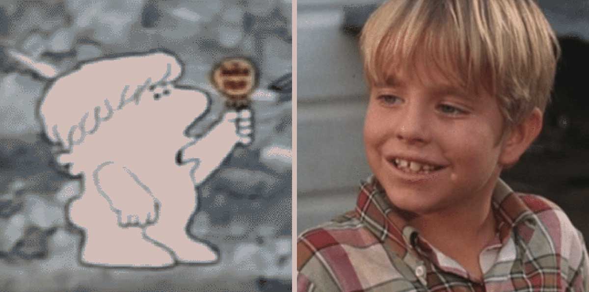 Split image of the boy from the Tootsie Roll Pop commercial and Buddy Foster, the kid who played him