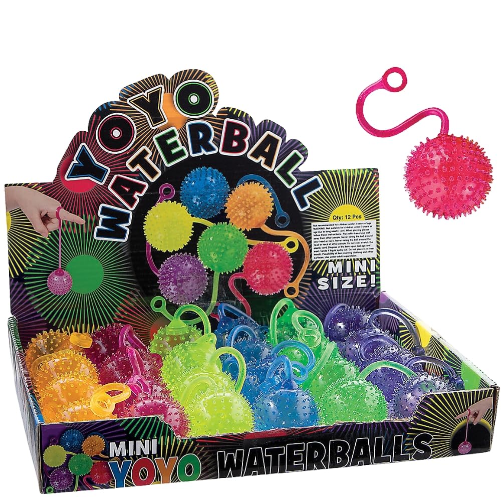 A display box of colorful YoYo Waterballs. The box contains assorted spiky balls in bright colors like pink, green, yellow, blue, orange, and purple. Each ball has a looped string for playing. The text reads YoYo Waterball and Mini Size.