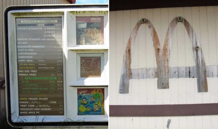 Abandoned McDonald's The left side of the image depicts an old drive-thru menu with faded text and pictures, offering various fast-food items. On the right, a weathered and partially faded golden arches sign stands against a wooden wall, hinting at an abandoned McDonald's.