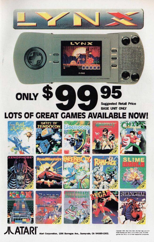 Discover the Atari Lynx, one of the best-selling video game consoles, now for just $99.95. Experience portable gaming magic with titles like Blue Lightning, Rampage, and Shanghai. The display showcases the console alongside these thrilling game covers. Don’t miss this iconic piece of gaming history!