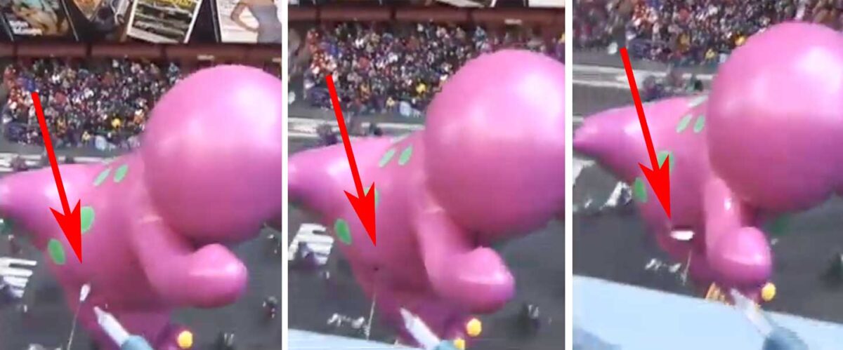 Three images showcase a large, pink dinosaur balloon resembling Barney with green spots and red arrows highlighting different parts. It floats gracefully above a street teeming with parade attendees, capturing the crowd's delight before it deflated.