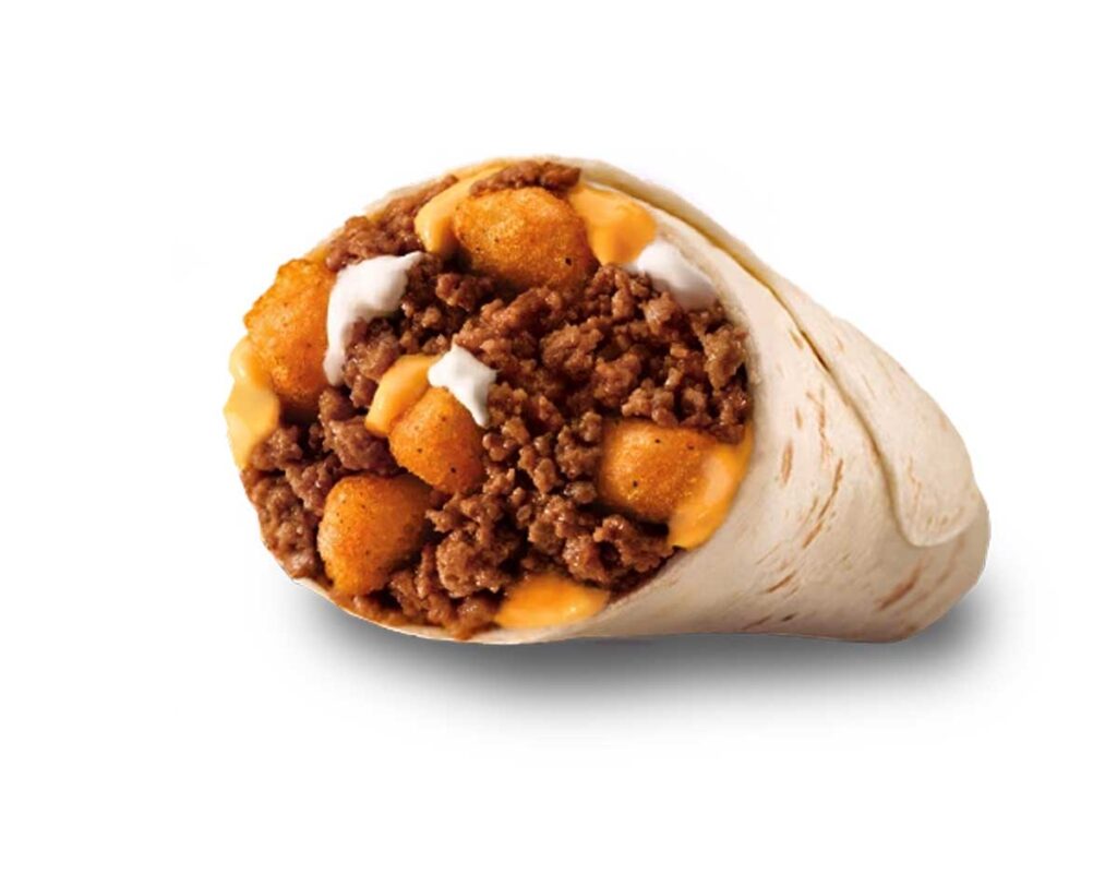 A close-up of a burrito filled with seasoned beef, cheese sauce, potatoes, and sour cream, wrapped in a flour tortilla—a nostalgic nod to beloved discontinued Taco Bell menu items.