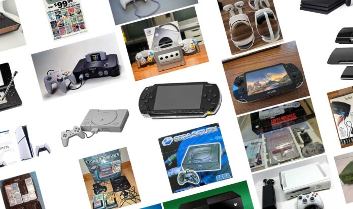 A collage of best-selling video game consoles and controllers, featuring iconic handheld and home systems from different eras, alongside vintage packaging and classic advertisements.