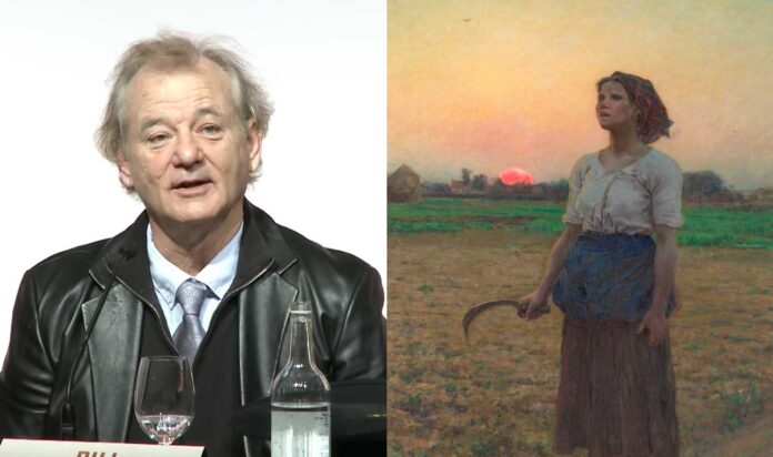 Left is Bill Murray in 2014 talking about how a painting saved his life, right is the painting The Song of the Lark by Jules Breton that he was talking about