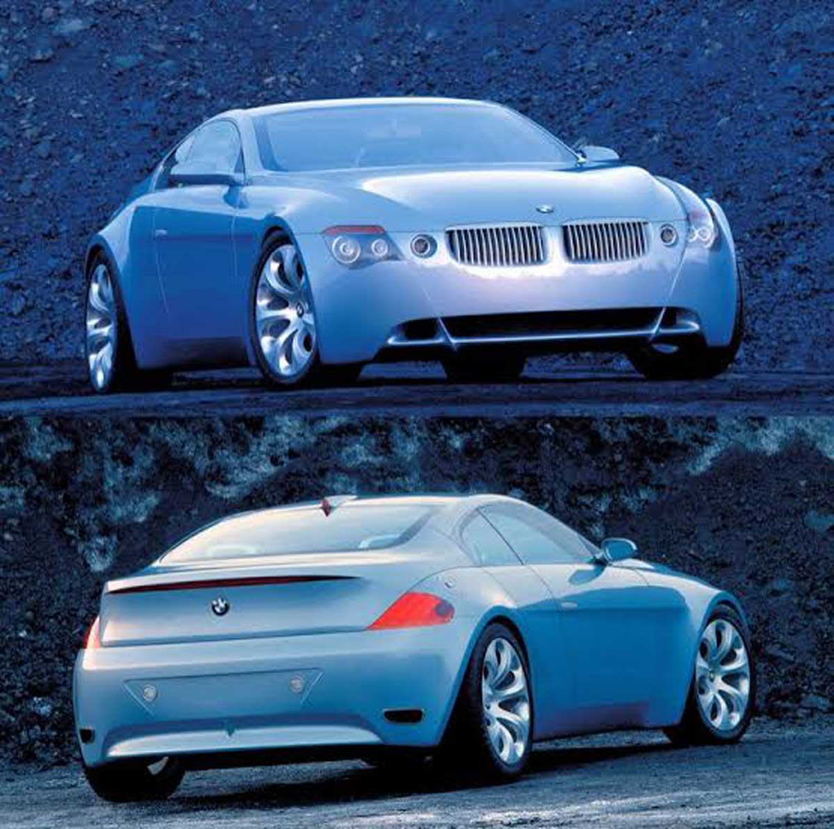 Split photos of different angles of a silver BMW Z9 Gran Turismo (1999) concept car