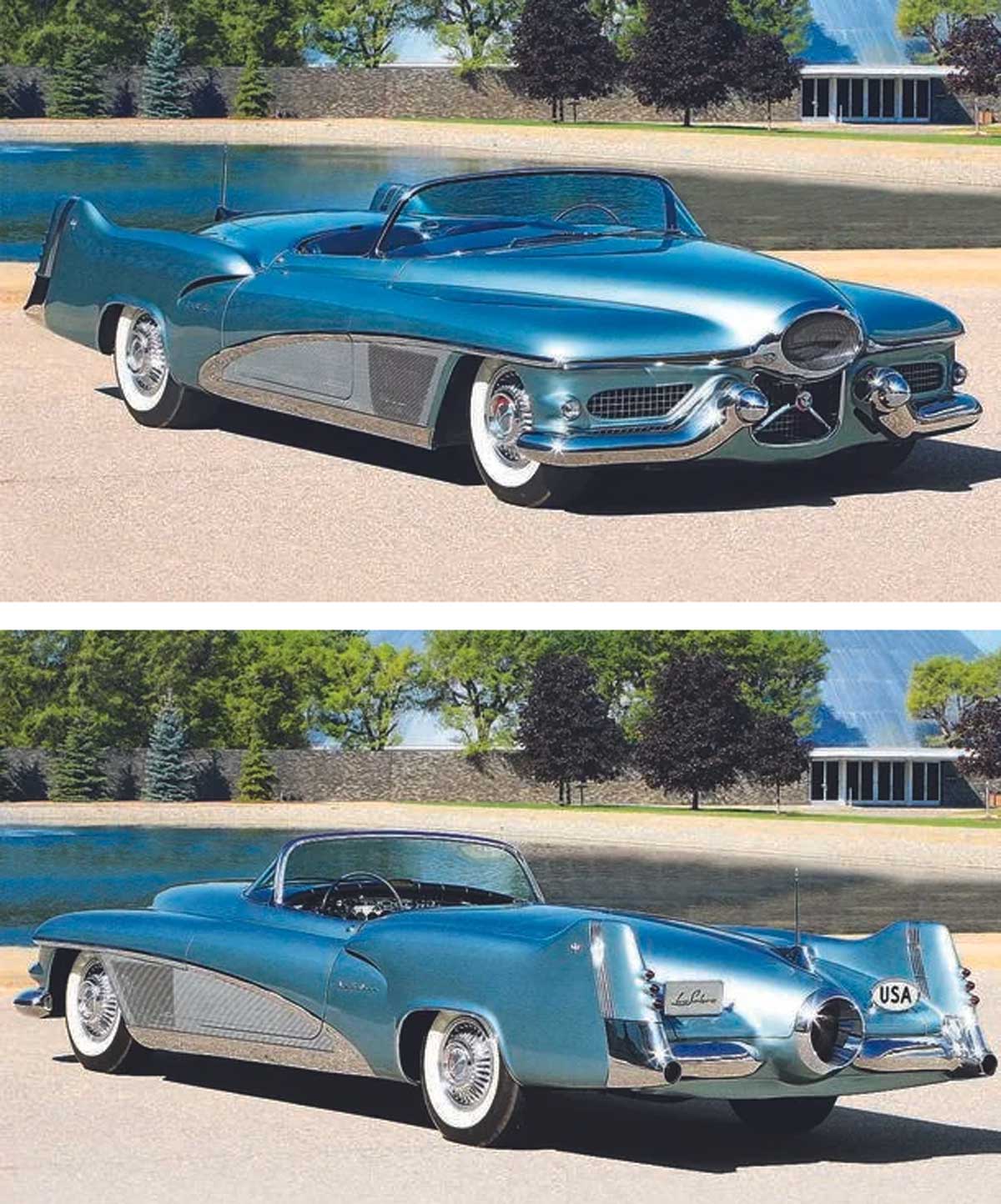 Two panels of a blue Buick Le Sabre (1951) concept car