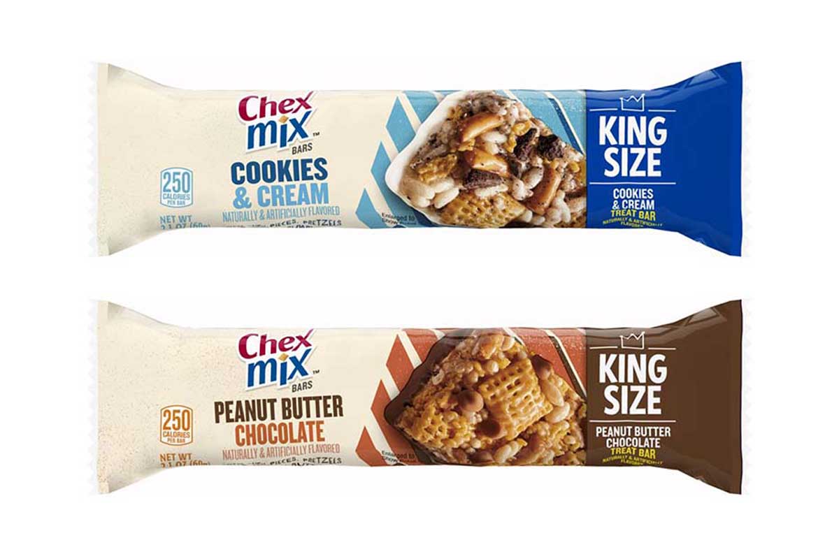 Two different chex mix bars, cookies and cream and peanut butter chocolate