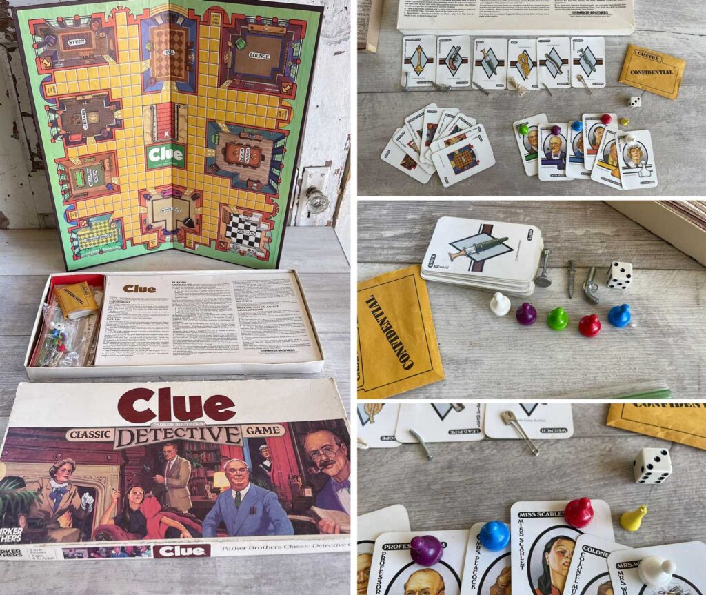 The image shows components of the Clue board game: a colorful board, character cards, weapon pieces, dice, and instruction booklet. The game box has an illustration of characters and the title Clue: The Classic Detective Game.