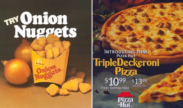 Discontinued fast food items - On the left, a McDonald's box filled with discontinued fast food item Onion Nuggets surrounded by whole onions. On the right, a Pizza Hut ad showcases the Triple Deckeroni Pizza, priced at $10.99 and $13.99 with a first topping free offer.