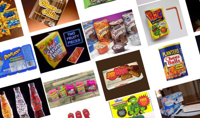 A collage of various vintage snack and candy packages, featuring discontinued snacks from the 90s. Includes items like Squeeze Pops, Cheez Balls, Smax, and Ninja Turtles cereal. Bright and colorful designs reflect retro marketing styles.