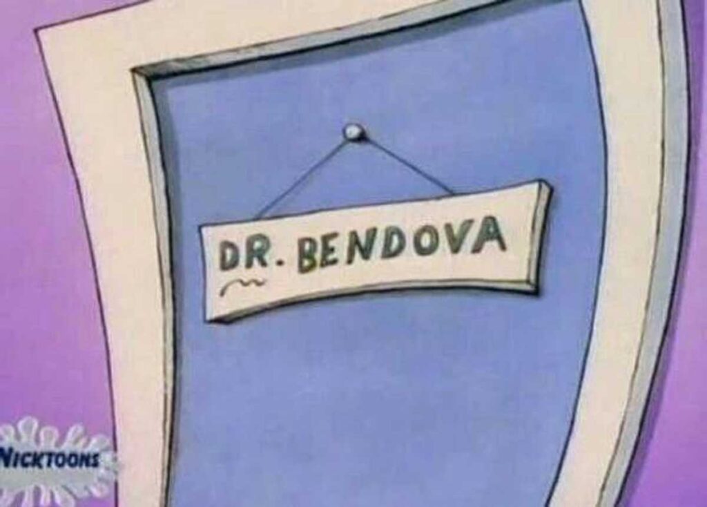 A cartoon door labeled Dr. Bendova with a sign hanging on a purple wall. The text appears in bold letters.