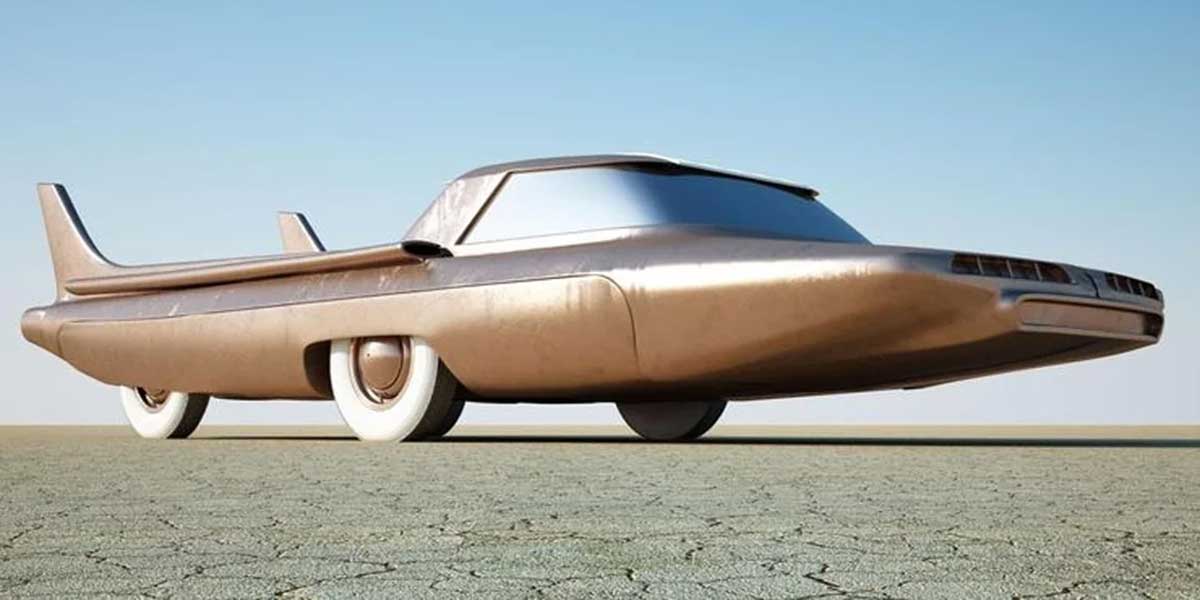 Photo of a metallic 1958 Ford Nucleon concept car in the desert