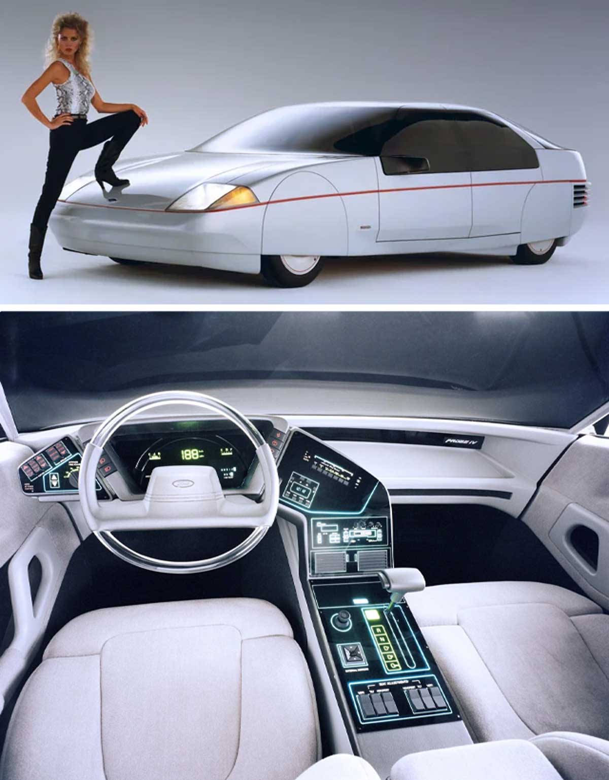 Two panel of the Ford Probe IV (1984) concept car, top is a woman standing with her foot on the hood, and the bottom panel is the interior of the car