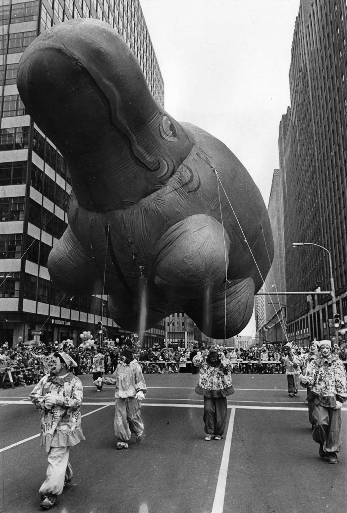 Inflatable hippopotamus over Gimbel's thanksgiving parade 