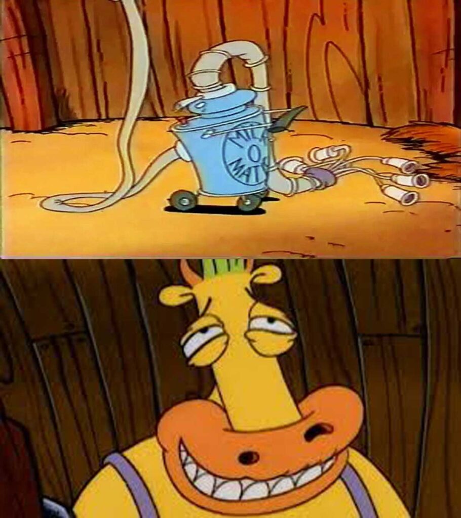 Top image: A blue device labeled NITZO MATIC with hoses and tubes, set against a wooden background. Bottom image: A cartoon cow character with a big smile and slightly squinted eyes. The setting appears to be indoors with wooden walls.