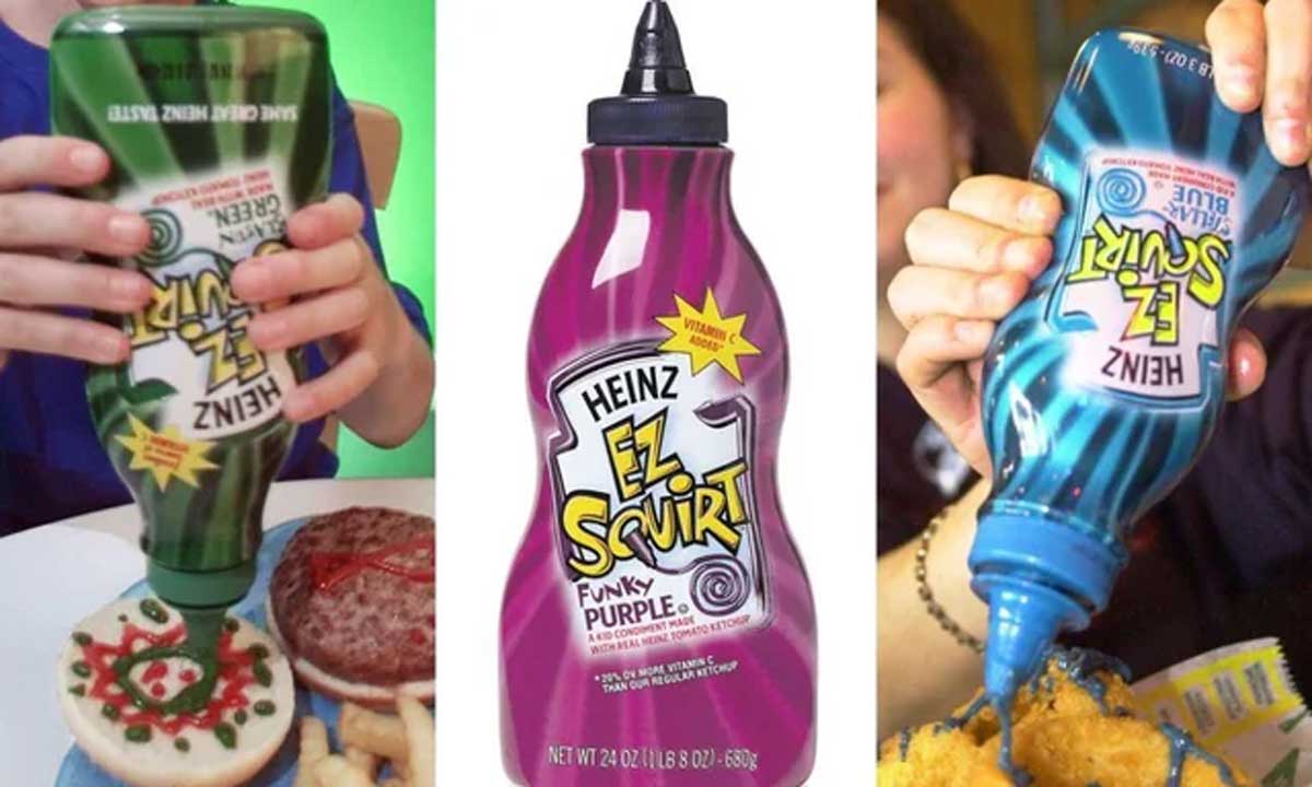 Three panel image of the green, purple, and blue EZ Squirt Ketchups from Heinz