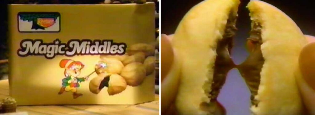 A split image depicts a box of Keebler Magic Middles cookies on the left, emblazoned with an elf and the nostalgic charm of discontinued snacks from the 90s. On the right, hands break open a cookie to reveal its decadent chocolate center.