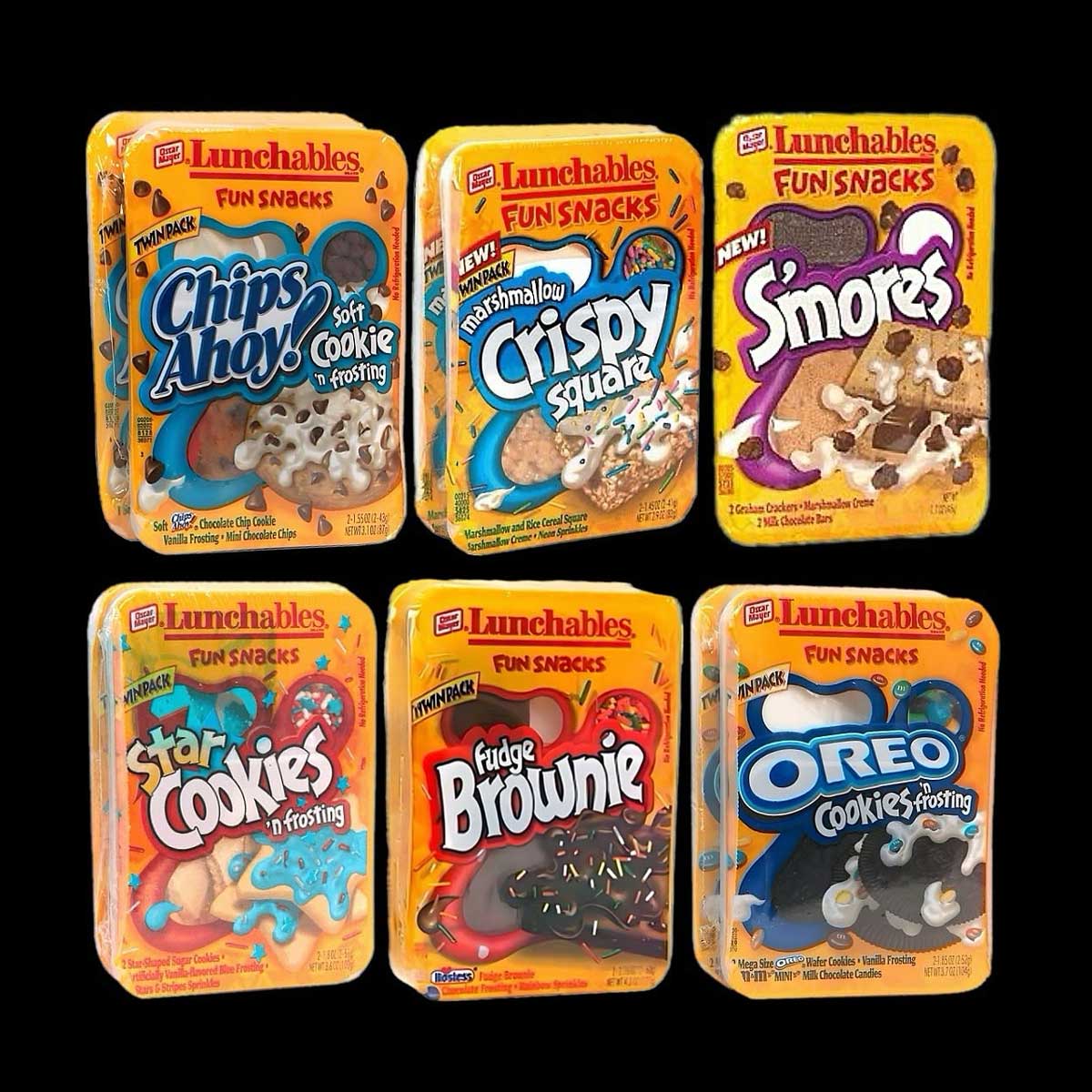 Collection of Lunchables Fun Snacks including Chips Ahoy, Marshmellow Crispy Square, Smores, star cookies, fudge brownie, and oreo cookies 'n frosting.