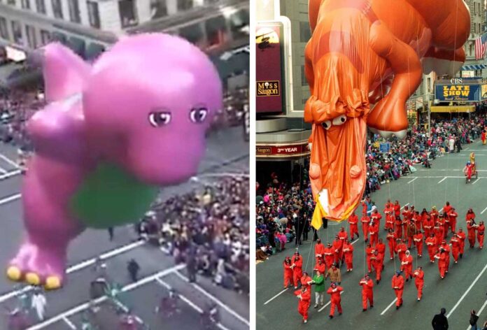 Macy's Thanksgiving Day Parade Fails - Two images capture massive character balloons in a parade. The left shows a purple dinosaur with a green belly floating above the crowd, echoing iconic Macy's Thanksgiving Day Parade scenes. On the right, an orange dinosaur balloon hovers as people in red outfits walk below, lined by spectators.