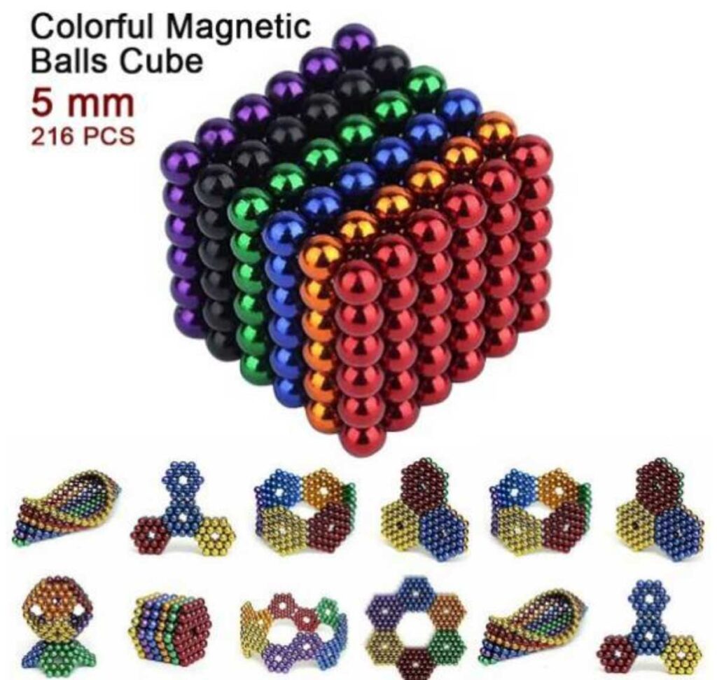 Colorful magnetic balls cube composed of 216 pieces in black, green, purple, orange, red, and blue. Below, various shapes illustrate possible configurations using the balls. Ball size is 5mm.