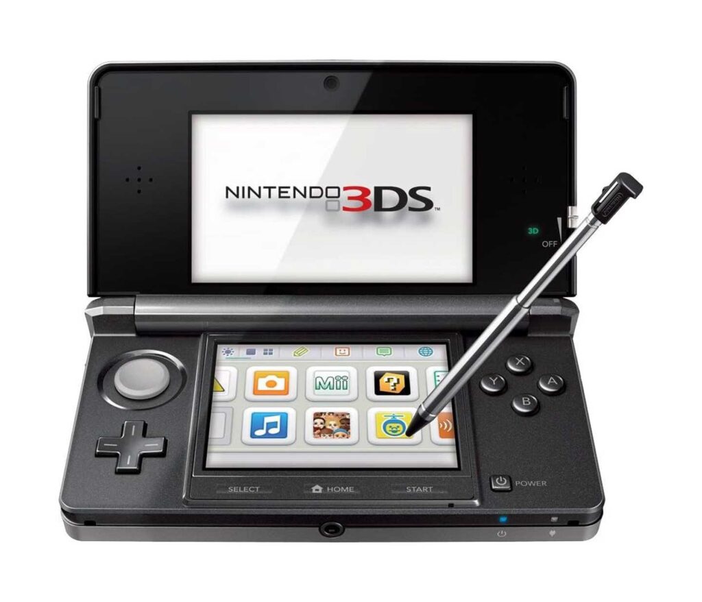 An open Nintendo 3DS, one of the best-selling video game consoles, with a stylus pointed at the screen. The top screen displays its iconic logo while the bottom shows various app icons like a notepad, smiley face, and a game controller. Buttons adorn its sides.